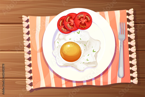 Egg and tomatos fried on plate, kitchen wooden table top view decorated with tablecloth in cartoon style. Morning food