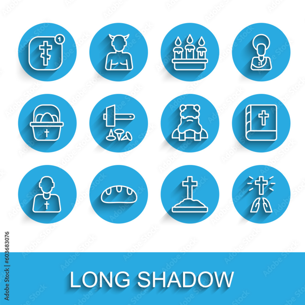 Set line Priest, Bread loaf, Online church pastor preaching, Grave with cross, Hands praying position, Crucifixion of Jesus Christ, Holy bible book and icon. Vector Set line Priest, Bread loaf, Online church pastor preaching, Grave with cross, Hands praying position, Crucifixion of Jesus Christ, Holy bible book and icon. Vector