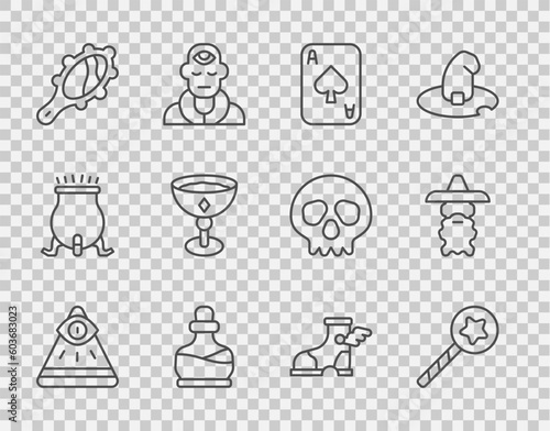 Set line Masons, Magic wand, Playing cards, Bottle with potion, hand mirror, Medieval goblet, Hermes sandal and Wizard warlock icon. Vector