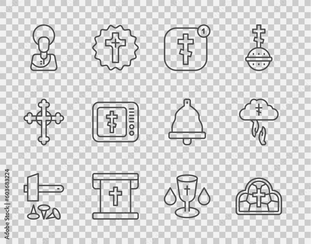 Set line Crucifixion of Jesus Christ, Stained glass, Online church pastor preaching, Flag with christian cross, Christian chalice and God's helping hand icon. Vector Set line Crucifixion of Jesus Christ, Stained glass, Online church pastor preaching, Flag with christian cross, Christian chalice and God's helping hand icon. Vector