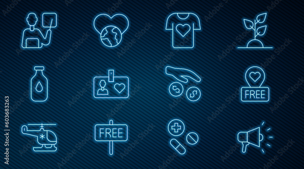 Set line Megaphone, Location with heart, Clothes donation, Volunteer id card or badge, Bottle of water, Teacher, Donation and charity and The world - love icon. Vector Set line Megaphone, Location with heart, Clothes donation, Volunteer id card or badge, Bottle of water, Teacher, Donation and charity and The world - love icon. Vector