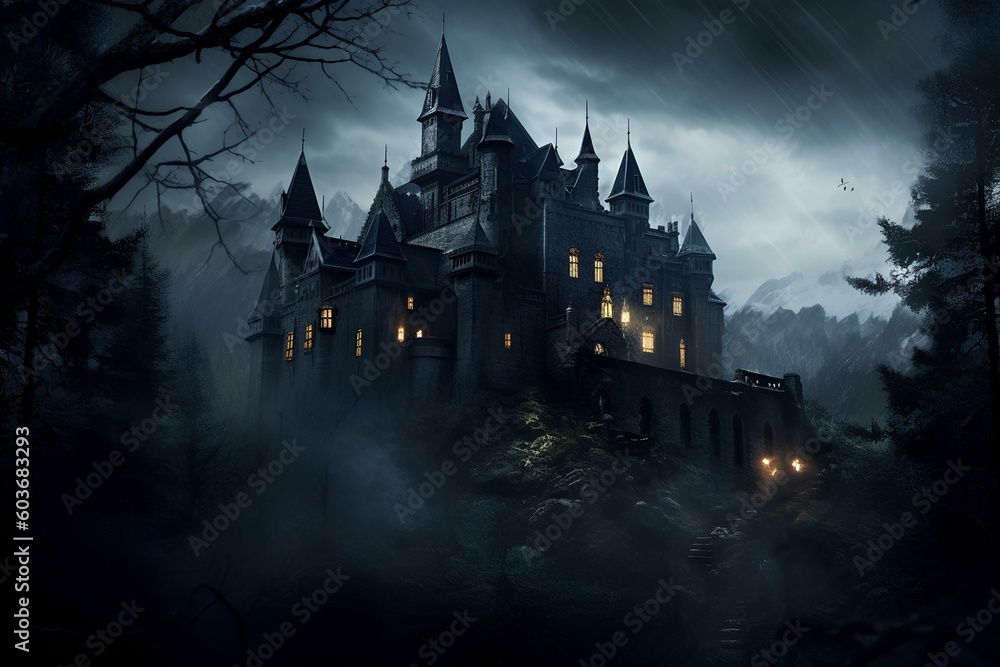 A dark and stormy night, An old dilapidated eerie castle stands in the ...