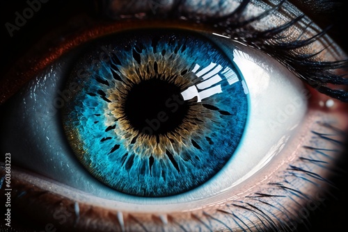 Mesmerizing Blue Gaze Intense Close-Up of an Eye with Black Background. AI