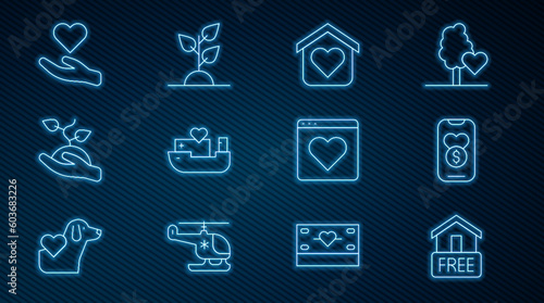 Set line Free home delivery, Donation and charity, Shelter for homeless, Humanitarian ship, Volunteer team planting trees, Heart hand, Dating app online and icon. Vector