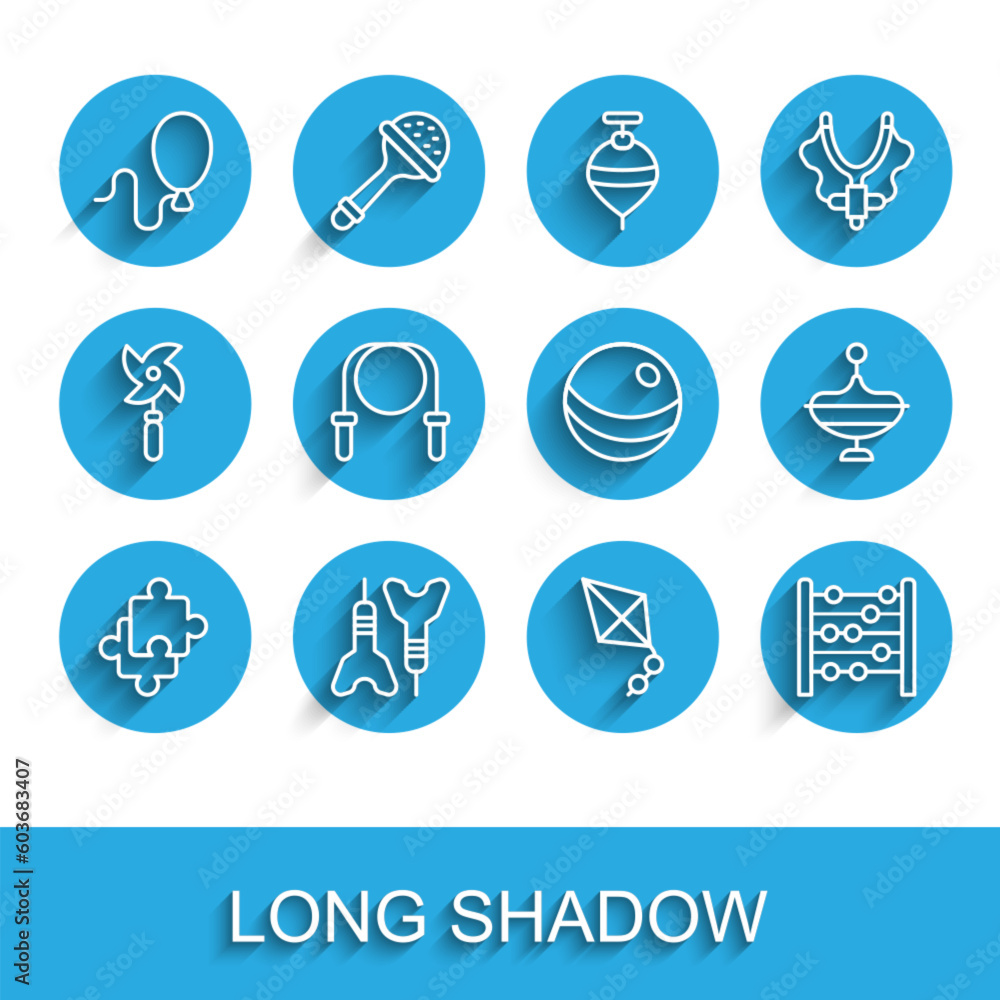 Set line Puzzle pieces toy, Dart arrow, Balloons, Kite, Abacus, Jump rope, Whirligig and Beach ball icon. Vector Set line Puzzle pieces toy, Dart arrow, Balloons, Kite, Abacus, Jump rope, Whirligig and Beach ball icon. Vector