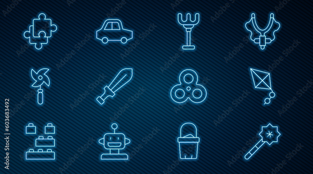 Set line Magic wand, Kite, Rake toy, Sword, Pinwheel, Puzzle pieces, Fidget spinner and Toy car icon. Vector Set line Magic wand, Kite, Rake toy, Sword, Pinwheel, Puzzle pieces, Fidget spinner and Toy car icon. Vector