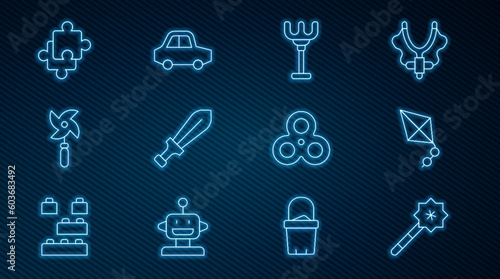 Set line Magic wand, Kite, Rake toy, Sword, Pinwheel, Puzzle pieces, Fidget spinner and Toy car icon. Vector