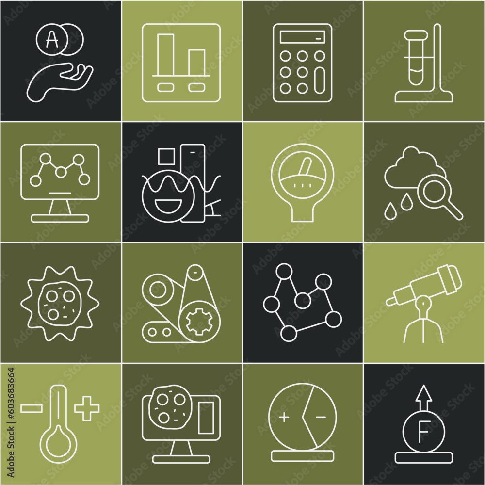 Set line Force of physic formula, Telescope, Cloud with rain, Calculator, Basic geometric shapes, Genetic engineering, Atom and Gauge scale icon. Vector Set line Force of physic formula, Telescope, Cloud with rain, Calculator, Basic geometric shapes, Genetic engineering, Atom and Gauge scale icon. Vector