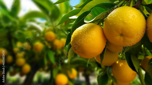 Soft focus shot of bunch of yellow tangerines with shallow depth of field and blurred environment creating a vineyard atmosphere.