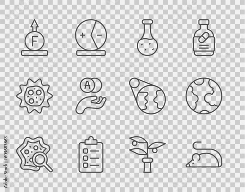 Set line Microorganisms under magnifier, Experimental mouse, Test tube, To do list planning, Force of physic formula, Atom, Plant breeding and Earth globe icon. Vector