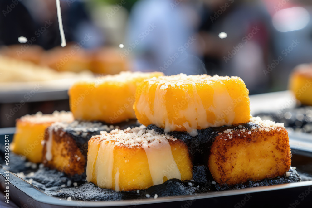 Fried tapioca daddies with coalho cheese on a table decorated for the June festival. Saint John. Generative AI Fried tapioca daddies with coalho cheese on a table decorated for the June festival. Saint John. Generative AI