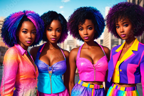 Fashionable portrait of a group of friends of beautiful young african american women with a bright hairstyle and makeup. Generative AI.