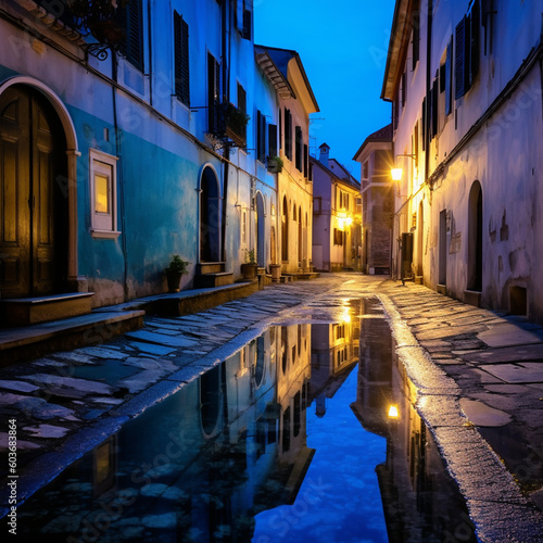 old city in the blue hour. old street country. A Secluded Country Street in the Old City, Capturing the Transient Beauty of the Blue Hour as Day Fades, Illuminating Centuries of History Etched in Ston