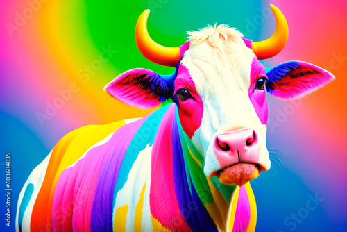 Portrait of a colorful cow on a bright background. Generative AI. © Anton Dios