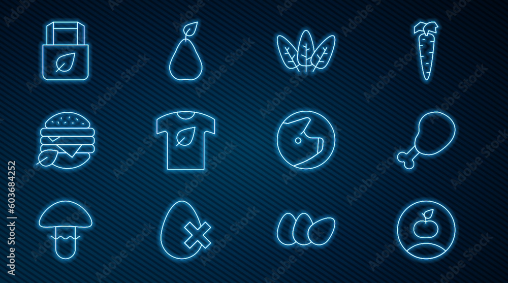 Set line Apple, Chicken leg, Leaf, Vegan shirt, food diet, Shopping bag with recycle, Pig and Pear icon. Vector Set line Apple, Chicken leg, Leaf, Vegan shirt, food diet, Shopping bag with recycle, Pig and Pear icon. Vector