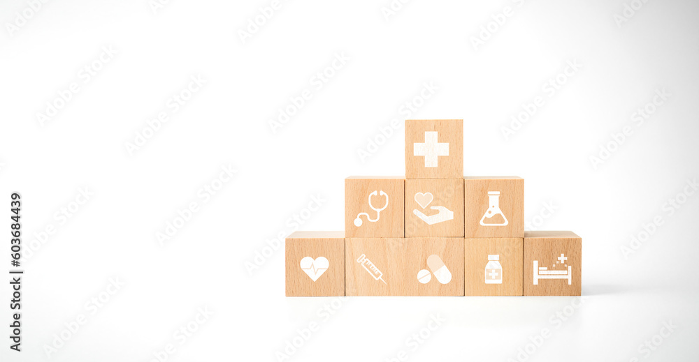 Obraz premium Concept of Insurance for your health with wooden block and icon healthcare medical on white background