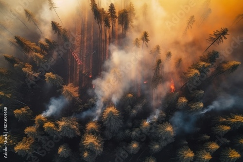 aerial view of a large area with wildfire, ai tools generated image