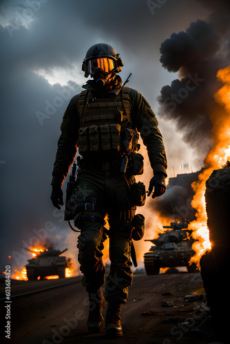 Soldier in war zone, with explosions and burning buildings.