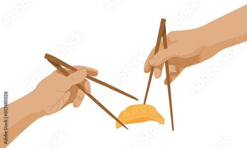 Hands with chopsticks reach gyoza dumpling. Michelangelos fresco creation of Adam motif. Divine asian food concept. Creative poster for advertising, web design. Vector illustration.