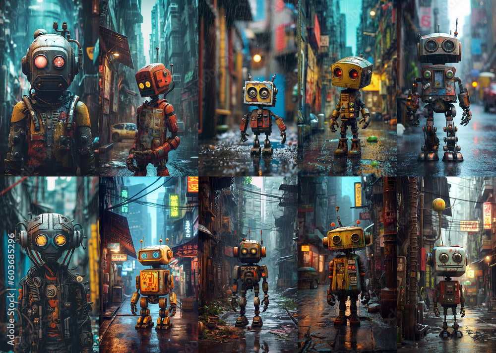 Set of funny robots in various situation on the city streets AI generated