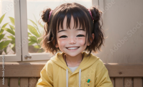 Little positive girl smiling at home. Portrait of happy kid with toothy smile sitting in room. Generative AI