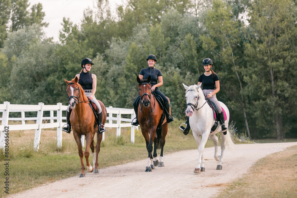 Three female riders riding horses along the trail. Recreation and leisure activity concepts. Three female riders riding horses along the trail. Recreation and leisure activity concepts.