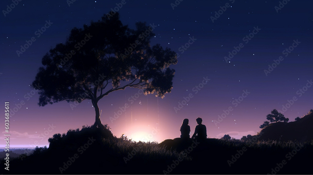 Loving couple sitting under the beautiful night sky