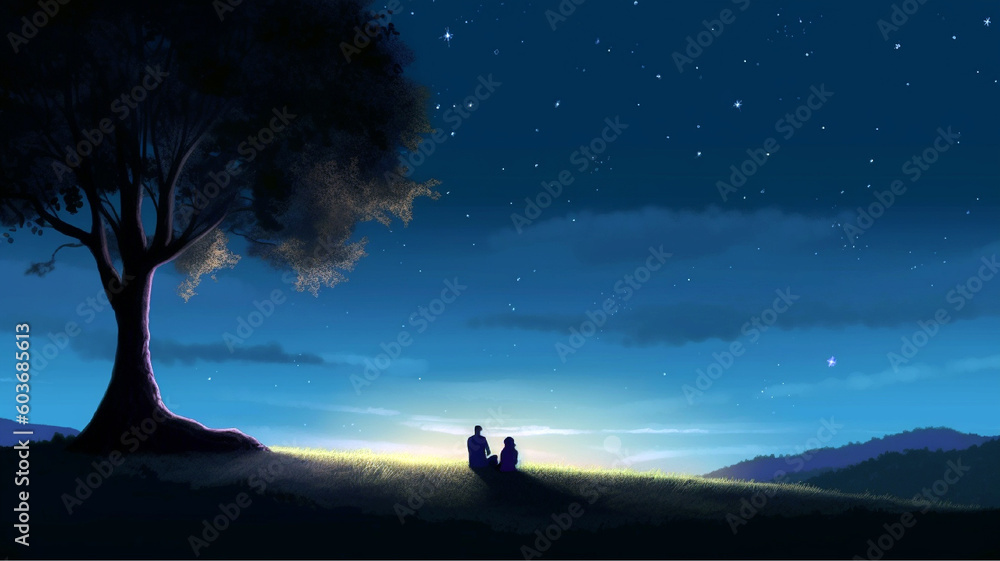 Loving couple sitting under the beautiful night sky