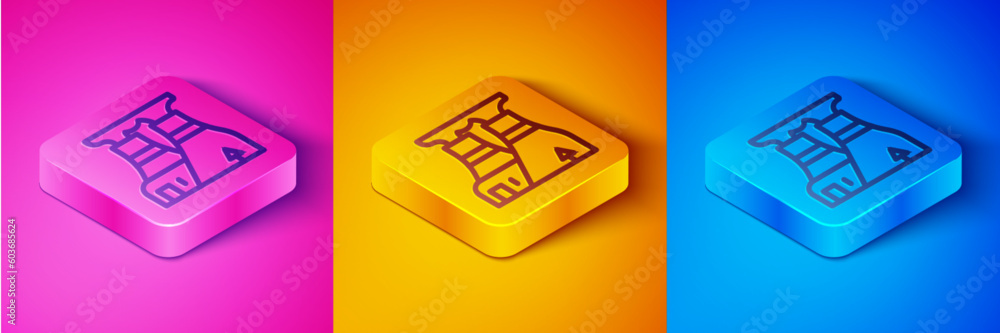 Isometric line Nuclear power plant icon isolated on pink and orange, blue background. Energy industrial concept. Square button. Vector Isometric line Nuclear power plant icon isolated on pink and orange, blue background. Energy industrial concept. Square button. Vector