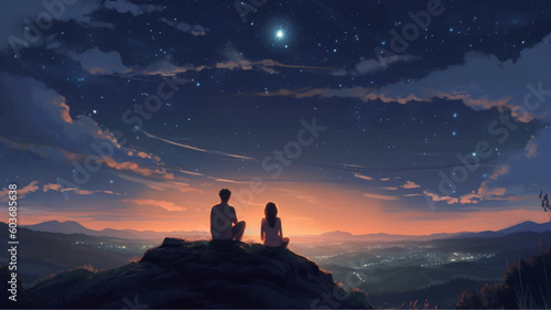 Loving couple sitting under the beautiful night sky