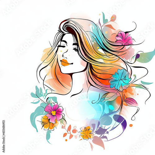 Whimsical Watercolor Illustration of a Girl with Colorful Beauty Blooming, Generative AI