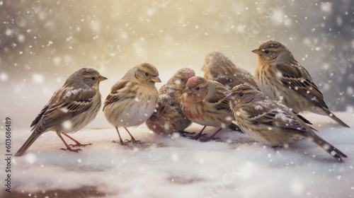 Soft focus view of small birds gathered during snowfall with shallow depth of field creating a soft atmosphere. © abdlkerim