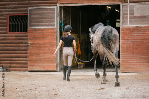 Female rider in equestrian clothes holding the reins and leading her beautiful saddled chestnut horse to stable. Horseback riding activity concept.