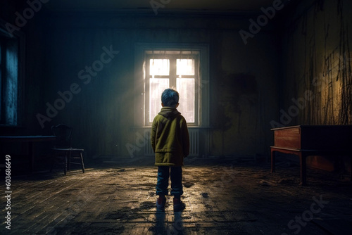 Young boy standing on the floor of a dark, abandoned room. Mysterious, scary place. No love, poverty, war, fear, child loneliness concept. Ai illustration, Generative AI © PaulSat