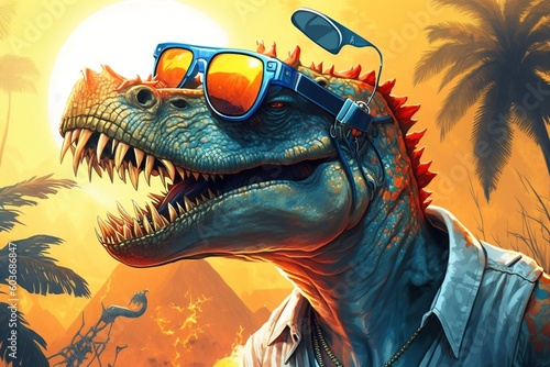 Hip-Hop Dinosaur  Cool Sunglasses and Cartoon Comic Illustration. AI