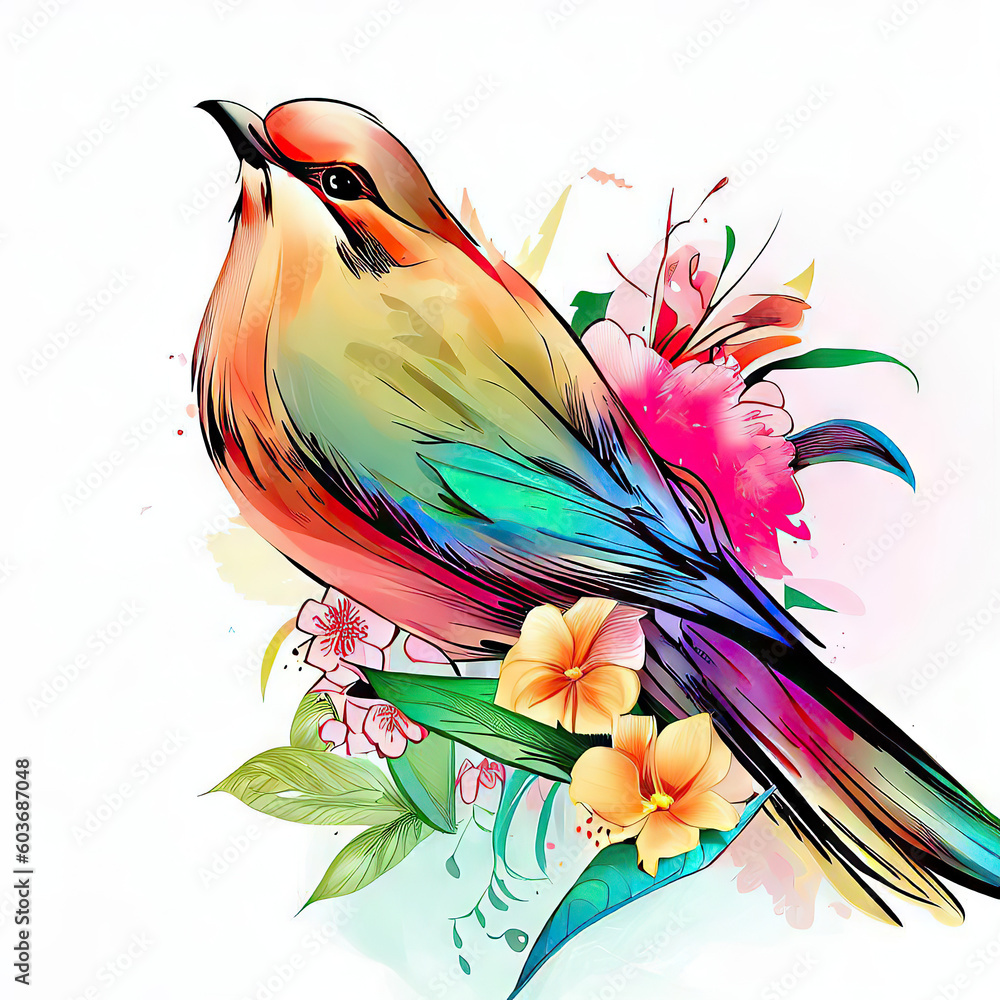Obraz premium Whimsical Watercolor Bird in Vector Format Surrounded by Vibrant Blooms, Generative AI