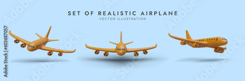 Set of cartoon realistic 3d airplanes in different positions. Yellow plane flying on blue background. Time for traveling concept. Advertising poster for airlines. Colorful vector illustration