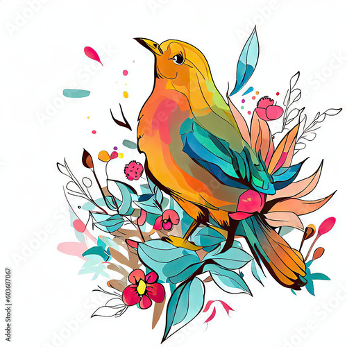 Delightful Watercolor Avian Artwork with Vibrant Floral Patterns  Generative AI