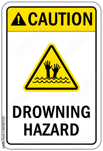 Beach safety warning sign and labels drowning hazard