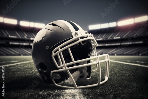 American football helmet on stadium field. AI