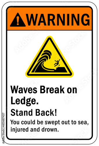 Beach safety warning sign and labels waves break on ledge. Stand back. You could be swept out to sea, injured and drown.