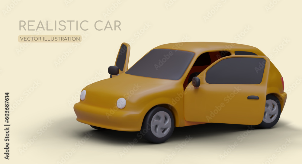 3D car with open doors. Advertisement of driving school. Banner for car seller. Template for web design of car shop. New and used cars at affordable prices. Poster with place for slogan