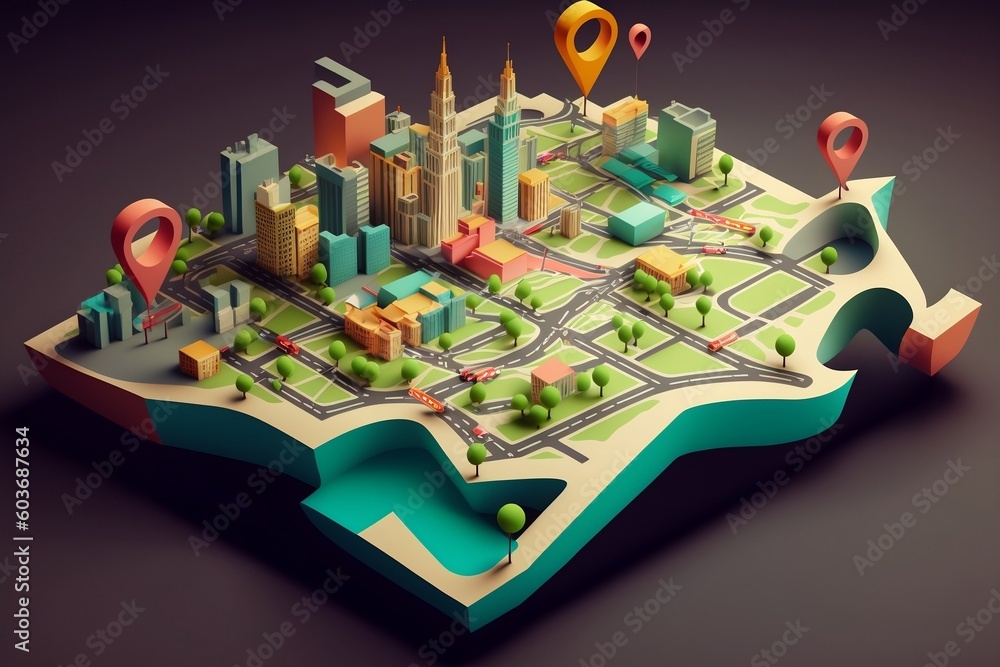 3D city map with location pointers, GPS, and transportation concept. AI