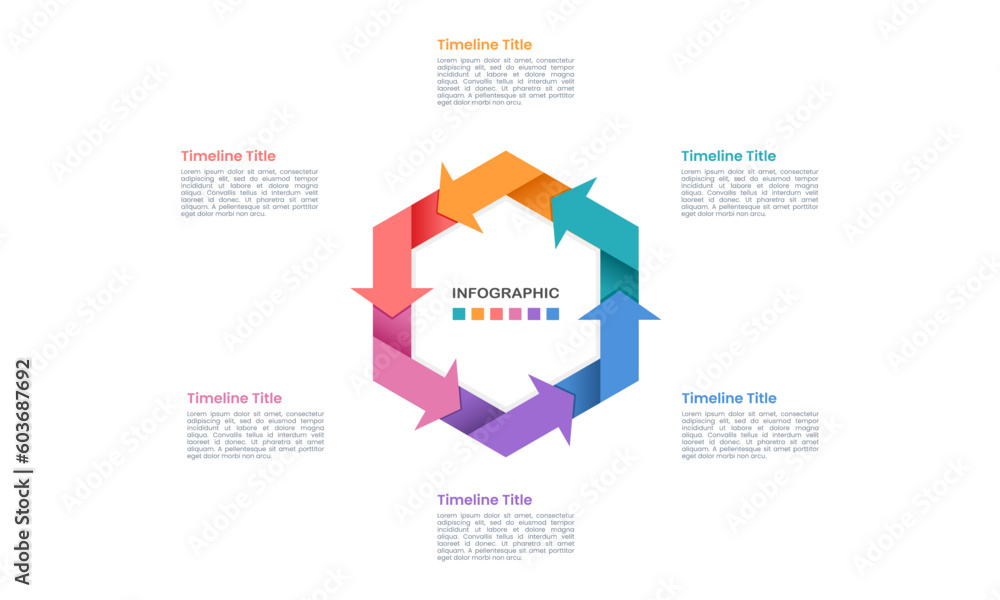 Business cycle 6 options Infographic template. Hexagon cycle with arrows. Vector illustration. Business cycle 6 options Infographic template. Hexagon cycle with arrows. Vector illustration.