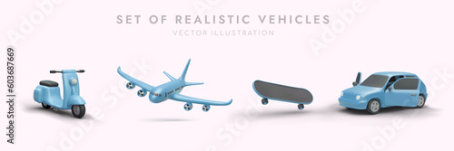 Blue 3D figurines of moped, plane, car, skateboard. Set of realistic images transport vehicles for short and long trips. Illustrations with shadows. Frozen movement of object