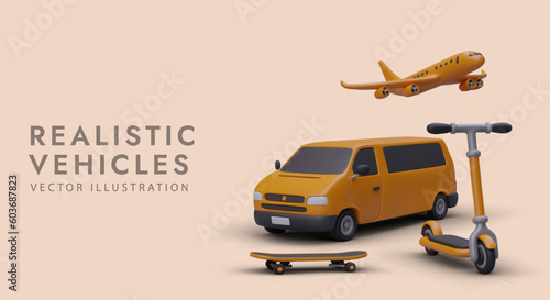 3D figurines, different vehicles. Airplane, mini bus, scooter, skateboard. Images for advertising various types of transportation. Delivery by land and air. Banner of transport company, carrier