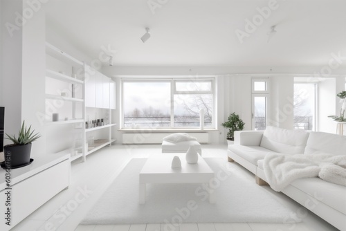 interior contemporary inside vase panoramic window sofa lamp kitchen house white design. Generative AI.