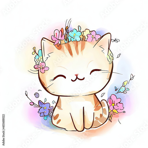 Joyful Cat in Watercolor with Blooming Flowers, Generative AI