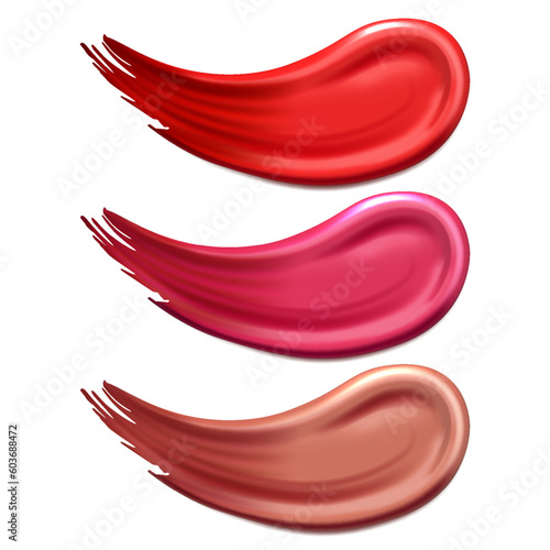 Realistic Smears of lipstick, nail polish or paint, brush strokes set isolated on white background. 3d vector illustration