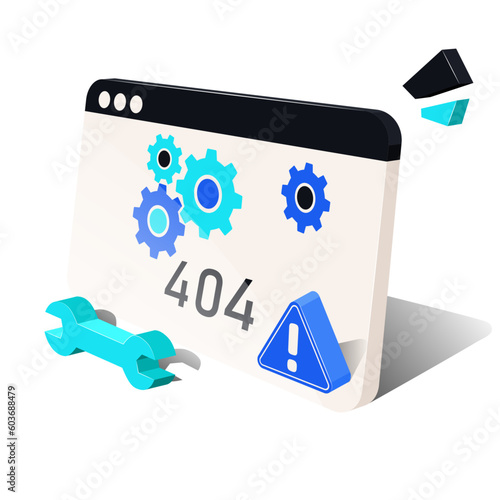 Site error. 3D model of a computer screen with gears and 404 error. Vector graphics on a white background
